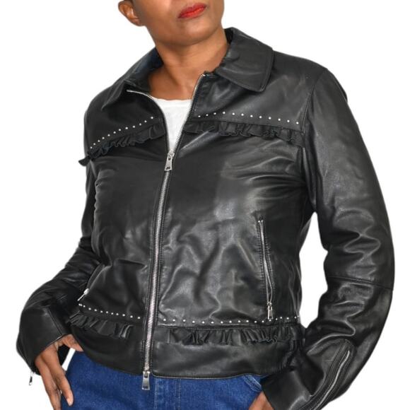 Max Mara Marella Dacia Leather Jacket Black Ruffle Studded Biker Boxy Moto Siz 8 - Picture 1 of 16